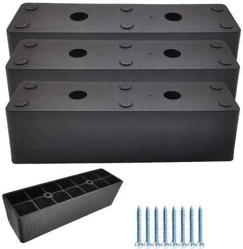 pafnisoin Piedini neri per divano, confezione da 4, piedini di supporto per mobili, 180 x 50 x 50 mm, per cassettiere, alzate mobili da 50 mm, con 8 viti