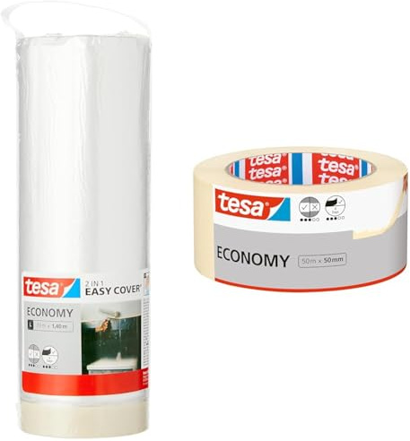 tesa Easy Cover ECONOMY Folie für Malerarbeiten & Malerband ECONOMY - Vielseitiges Klebeband für Malerarbeiten ohne Lösungsmittel - Bis zu 4 Tage nach Gebrauch rückstandslos entfernbar, 50 m x 50 mm