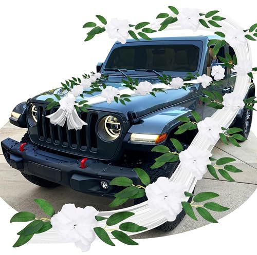Décoration Voiture Mariage de Tulle Kit Deco Mariage Voiture Extérieur pour Champetre Decoration Voiture Extérieur pour mariage 13 Pièces avec 11 Fleurs Artificielles