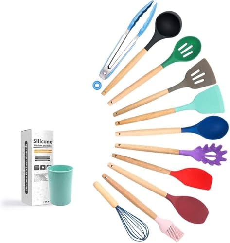SQUADO - 12 pezzi Set Utensili da Cucina Antiaderenti, con Manico in Legno, Ideali per Dolci e Salati, Facili da Pulire Colore VARI