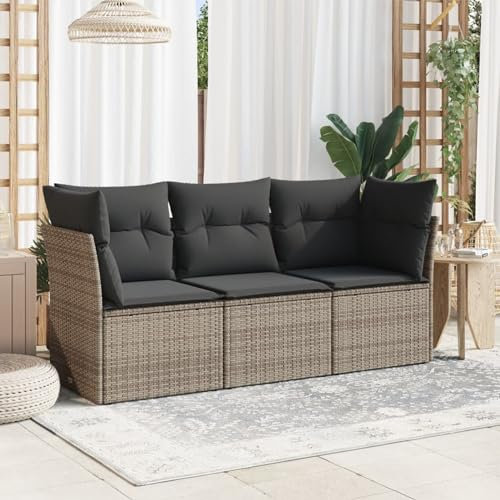 Homgoday Gartensofa 3 Sitzer mit Kissen Balkonmöbel, Terrassensofa, Gartenlounge Sofa mit Stauraum, Balkon Lounge Sofa Ecksofa Garten Sitzgruppe Gartenmöbel Set Grau Poly Rattan