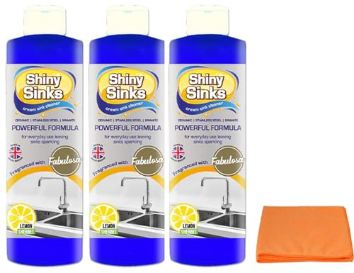 Shine Sinks Lemon Sherbet (3 X 250 ml), a Superb Cream Cleaner for use on Ceramics, Sinks and Basins with Microfibre Cleaning Cloth