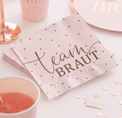 JGA Servietten TEAM BRAUT gepunktet Tisch-Deko für Junggesellenabschied Bride & Bride Crew Hochzeit Farben rosa & rosé-gold - Inhalt 20 Stück - Made in Germany