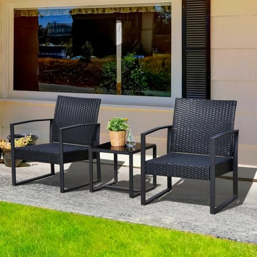 Tata Home Set Salottino da Esterno giardino o terrazza Bistrot Mobiletti Arredo 2 Sedie Poltrone in rattan con cuscini e Tavolino con Vetro struttura resistente in Acciaio color Nero Mod. Alicudi