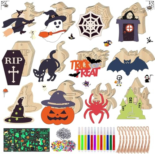 Heyidamai Halloween Deko und Basteln für Kind - Holzanhänger zum Bemalen - Halloween-Bastelset