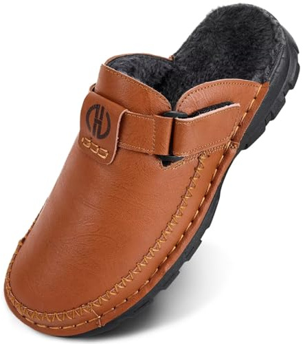 GURGER Zapatillas de Casa Hombre Cuero Invierno Cálido Zuecos y Mules Forro de Peluche Piel Pantuflas Marrón Rojizo 44 45