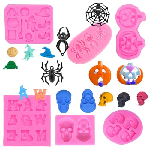 6 Stück Halloween Rosa Silikonform,Küche Backen Silikonform-Kürbis,Hexenhut,Spinne,Buchstabe für Halloween Kuchen Dekorieren und für Halloween Muffin, Fondant, Schokolade