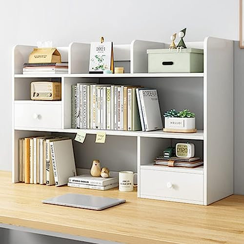 JXIPANUL Bücherregal für die Schreibtischplatte, mehrschichtig mit Schubladen, Bücherregal für den Computertisch aus Massivholz, multifunktionales Regalregal für die Aufbewahrung