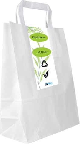 Enpack - 50 Stück Papiertüten weiß mit Henkel - Geschenktüten für kleine Geschenke 22+10x28 cm - Papiertragetaschen aus Kraftpapier - weiße Papiertüten - Papier Geschenktaschen zum befüllen
