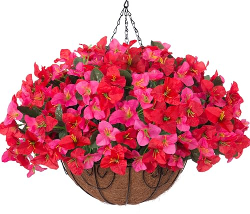 Artificial Fake Hanging Flower Plants Basket for Outdoors Decoration, Faux Silk Bougainvillea Flowers in Planter Look Real UV Resistant Faux Flower for Outside Porch Patio Garden Home Decor