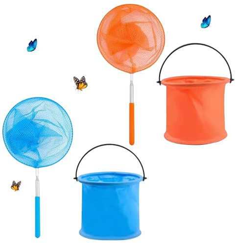 Riisoyu 4 Piezas Redes de Mariposa Telescópicas, Red de Pesca para niños con 2 Cubos Plegables Cazamariposas Redes Red De Captura De Insectos para Atrapar Insectos, Mariposa, Peces Pequeños