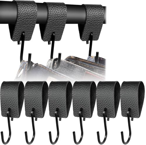 6er Pack Leder-S-Haken, Campinghaken, Metallhaken, Mehrzweckhaken mit Lederschlaufen, Kinderwagen-Kleiderhaken, Lenker-Kleiderhaken (Schwarz)