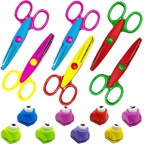 Lot de 6 paires de ciseaux de bricolage pour enfants, 8 pièces, perforeuses à papier avec différents motifs de coupe, ciseaux colorés pour enfants, pour tampons et travaux manuels créatifs, décoration