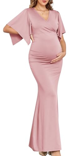 CYCLAMEN Maxi-Umstandskleid, glitzernd, für Babyparty, halbformell, Hochzeitsgast, V-Ausschnitt, Taschentuchärmel, elegante Schwangerschaft