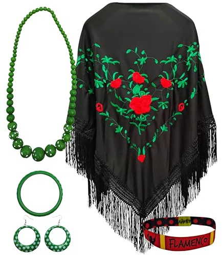 Pack Mantón y Accesorios: Mantón de Manila Bordado con Accesorios Estilo Flamenco y Pulsera Bordada. Para Fiestas Populares y Eventos (Verde Rosas Rojas)