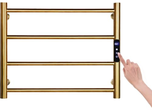 Towel Warmers for Bathroom, Wall Mounted Hot Towel Racks, Heated Towel Drying Rack with Timer & Temperature Multi-Level Adjustable (4 Bars Brushed Gold, Hardwired)