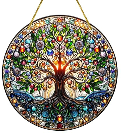 HäNgedeko Sonnenfänger mit Lebensbaum, für drinnen und draußen, zum Aufhängen am Fenster, handgefertigt, Sonnenfänger aus Buntglas für Fenster, hängende Dekoration für Zuhause, Garten, (20x20cm)