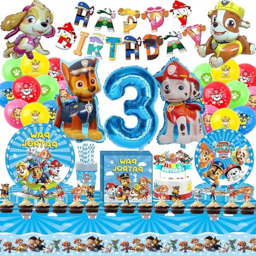 112 Pcs Pat' Dog Patrouille 3 an Anniversaire Vaisselle Kit,Patte Patrouille Enfants Décoration Danniversaire Ballon Vaisselle,Décorations de Table D'anniversaire Assiettes Ballon (3 Ans)