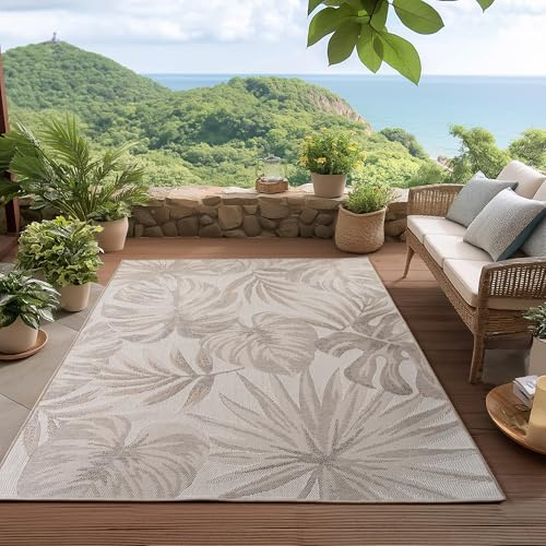 Homebyhome Utomhusmatta Beige 120x170 cm Väderbeständig UV-beständig Lättskött Palmblad Design för Terrass Trädgård Vardagsrum