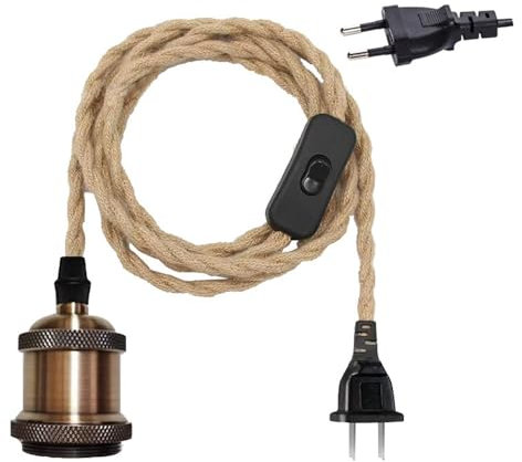 Mengjay Retro Hanfseil Industrie Hängelampe,E27 Lampenfassung Pendelleuchte mit Stecker,Seil Lampe Textilkabel mit Schalter Vintage Lampenkabel Hängeleuchte für Küche Esstisch (Bronze)