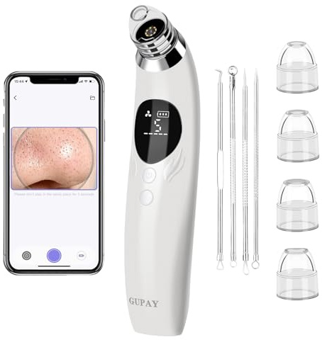 GUPAY Aspirateur de points noirs avec caméra HD 1080p - Nettoyeur de pores visible avec 4 têtes d'aspiration, 5 puissances d'aspiration pour boutons d'acné et points blancs