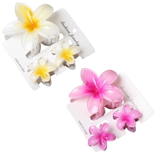 JchEnye 6 Stück rutschfeste Blumen-Haarklammern für dickes/dünnes Haar (2 groß, 4 klein), Hawaii-Blumen, Hibiskus-Klammern (Gelb + Rosa)
