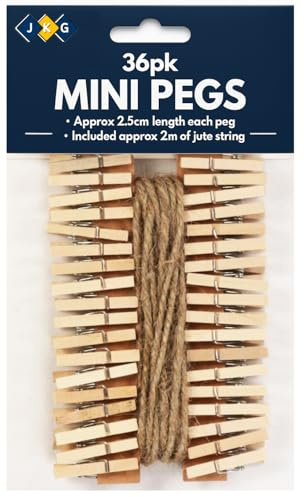 36 Mini Wooden Pegs & 2m Jute Twine String - Rustic Natural Wood Clips for Arts Crafts Scrapbooks - Hanging Christmas Photos Cards Books Peg Line Event Display - Home Wedding Baby Shower Wall Decor