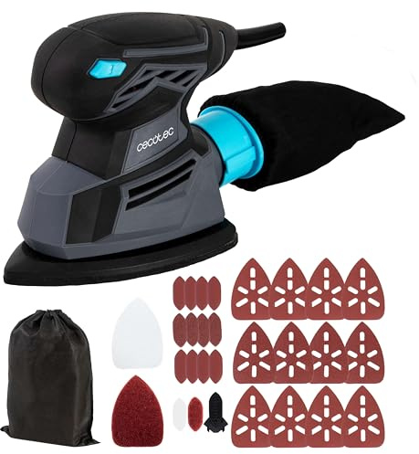 Cecotec Lijadora Eléctrica con Cable PerfectSurface 125 Delta EasyGo, 130W, 13500rpm, Diseño Triangular 140x140x80mm, Depósito Integrado, Incluye Accesorio FingerDetail, 12 Lijas y Bolsa de Transporte