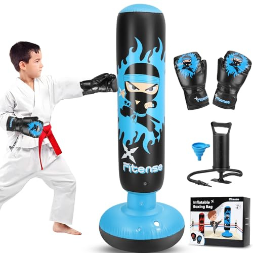 Fitense Sacco da Boxe per Bambini 160cm - Pungiball Bambini con Guanti da Boxe e Pompa per Ragazzi e Ragazze Dai 3-14 Anni, per Praticare Karate, Taekwondo, MMA, Blu