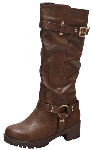 XIEPP Women's Leisure Knee High Boots with Metal Buckle and Slip on, Ideal for Winter Outfits