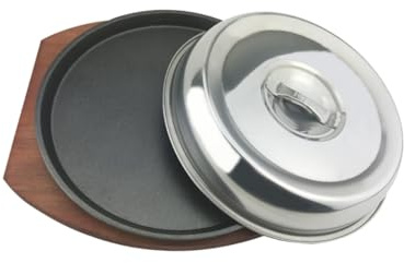 Uonlytech Plaque Barbecue Ronde Fonte avec Socle Bois Poêle Steak Antiadhésive pour Grillade Viande et Légumes Ustensile Cuisine Western