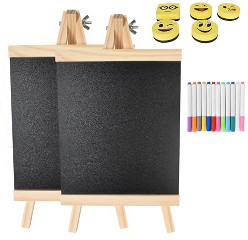 Juego de 2 Pizarras Pequeñas con Soporte de Madera Plegable, Pizarra Tiza 17.5x16cm, Incluye 12 Rotuladores de Tiza Fluorescentes Borrables y 5 Borradores Magnéticos para Pizarra Blanca