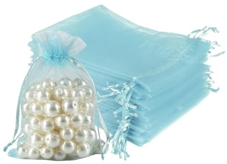 Qiantull 50 Stück Organzasäckchen Organzabeutel Organza Taschen mit Kordelzug Geschenkbeutel Schmuckbeutel Organza Säckchen zum Befüllen Geschenksäckchen für Hochzeit Weihnachten Hellblau 5x7cm