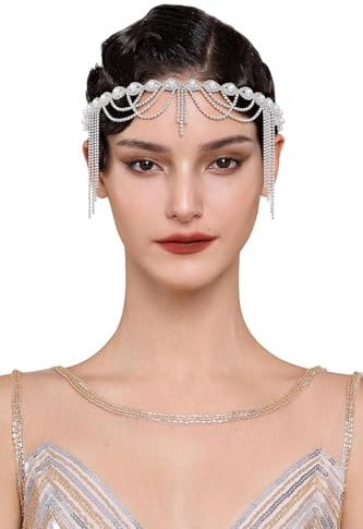 BABEYOND 1920-tals dampannband – vintage Gatsby hårband med pärlor, metallkedjor och långt satinband hårtillbehör för brud bröllop, fester och vintage utseende silver