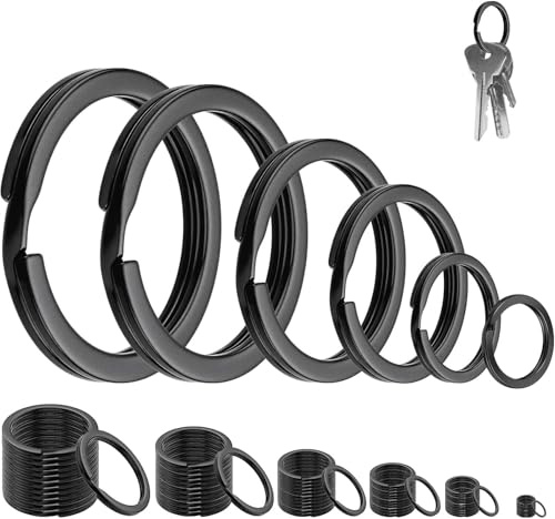 hankous - Juego de 70 llaveros negros de acero dividido, anillo plano redondo, llavero negro con doble bucle para llaves de coche, accesorios, manualidades, 6 tamaños