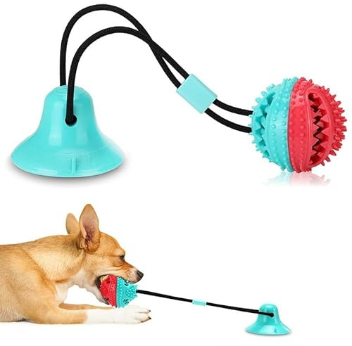 Zenith Bloom Dog Puzzle Toy - Suction Cup Tug of War Chew Toy, Leaking Treat Ball, Teeth Cleaning, Durable Non-Toxic Rubber, Interactive Slow Feeder for Small/Medium Dogs (Blue/Red)