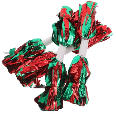 TOYANDONA Lot de 4 Pompons de Cheerleading avec Poignée Moyenne Pompons Métalliques Rouge et Vert pour Danse Accessoires pour Équipes Sportives et Événements Scolaires