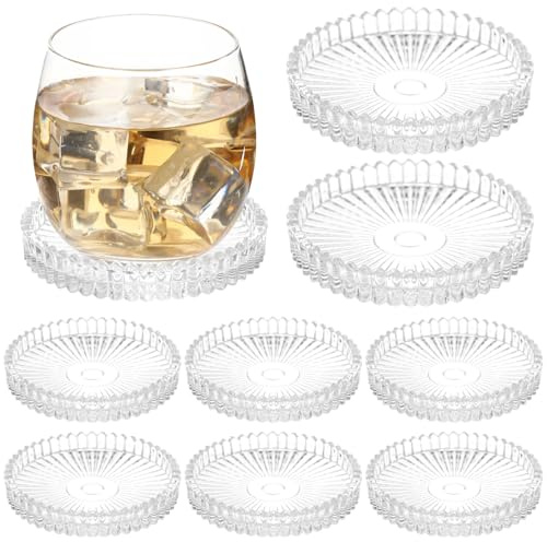8 Pcs Glass Coasters Set, 4 in Round Clear Crystal Coasters for Drinks with Raised Striped Pattern, Glass Candle Plates and Jewelry Trays for Home Decor, Living Room, Patio, Wedding, Party
