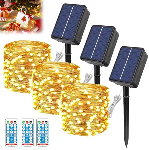 3 catene di luci solari per esterni, 12 m, 100 LED, 8 modalità Ip65, filo di rame per esterni, luce bianca calda, luce solare per giardino, terrazza, cancello, cortile, matrimonio, festa