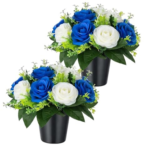 CECOMBINE 2 PCS Artificial Flowers for Graves, Blue White Roses Memorial Arrangement, 25cm Silk Memorial Grave Flowers with Pots, Weatherproof Funeral Arrangements for Outdoor Graveside
