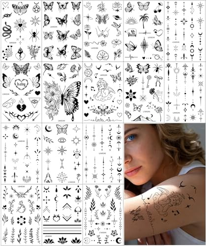 128PCS Temporary Tattoo Stickers, 16 Sheets Black Flower Plant Butterfly Fake Tattoos, Semi Permanent Tattoo Sticker for Women Girls Finger Face Arm Neck Shoulder Make Up