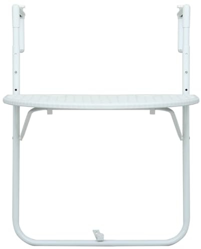 GeenYuu balkonghängbord vit plast rottinglook 60 x 64 x 83,5 cm med stålram, justerbar i 3 delar, vikbart, stabilt sidobord för utomhusbruk för trädgård och terrass