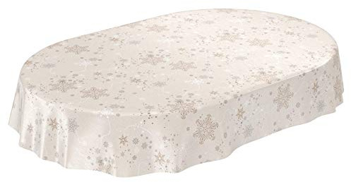 ANRO Wachstuchtischdecke Wachstuch Wachstischdecke Tischdecke Weihnachten Schneeflocken Beige 180 x 140 cm (Oval) Schnittkante