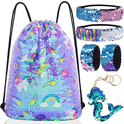 GA&EN Mermaid Reversible Sequin Drawstring Backpack, Purple Unicorn Dance Bag for Girls Kids with Headband Keychain Bracelet for Christmas Gift Dress Up Party Birthday