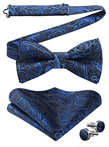 HISDERN Herren Paisley Fliege und Einstecktuch mit Manschettenknöpfe Set,Schleife mit Haken - Bereits Gfebunden，Verstellbare Fliege,Vorgebundene Fliege,für Hochzeit Sfeier Weihnachten Halloween