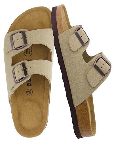 CUSHIONAIRE Lane Cork Footbed Sandals for Women – Comfortable Double Buckle Slip-On with Genuine Suede Footbed & Arch Support Slides for Women Footwear, TAUPE 9
