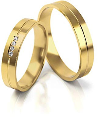 JC Trauringe Silber 925 Paarpreis Eheringe Gold Plattiert I Verlobungsringe breit 4,0 mm I Partnerringe mit Gravur in edler Schatulle I 2 Hochzeitsringe Herrenring & Damenring mit Steinen I PL224-GP
