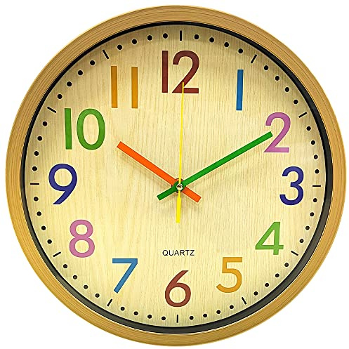 ALEENFOON 30 cm Modern Quartz Lautlos Leise Wanduhr Kinder ohne Ticken Farbenfrohe Kinderwanduhr Innenuhr Hängende für Jungen und Mädchen Wohnzimmer Kinderzimmer Büro Cafe, mit Farbenfrohen Zahlen