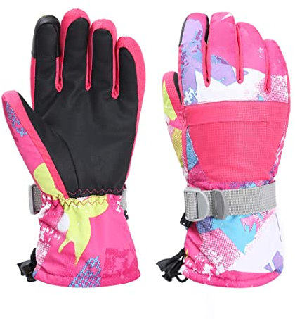 7-Mi Winter Handschuhe,Kinder Touchscreen Schnee Fäustlinge Snowboard Wasserdicht Gefüttert Lange Manschetten Leder Kinderhandschuhe für Jungen & Mädchen Sport Outdoor Play