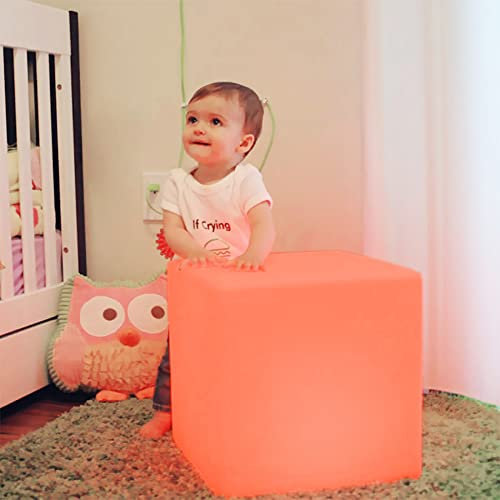 LED Cube Chair for Kids, 14-Inch RGB Color Changing LED Cube Seat w/Remote, Versatile Lighted Up Modern Side Table Glowing Nightstand Soothing Mood Light for Bedroom Living Room Patio, Fun & Practica